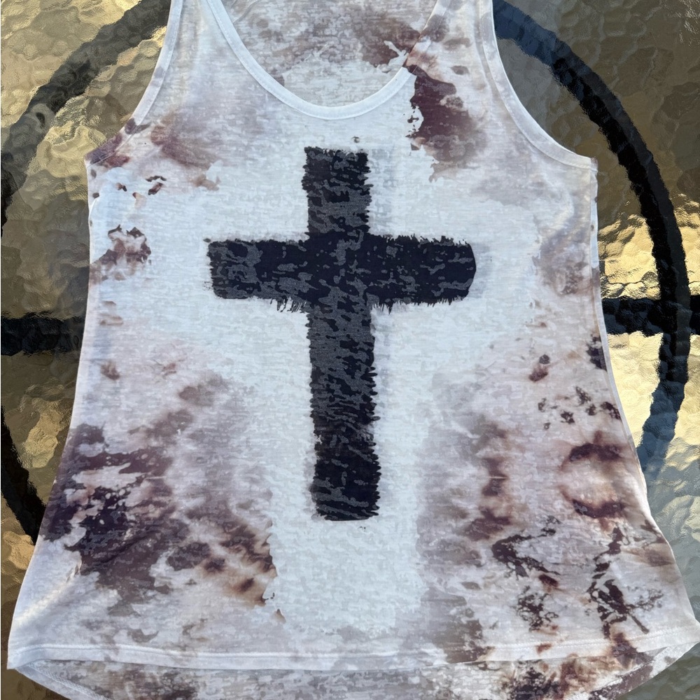 ENTI Women’s White Tank Top with Black Cross and Tie-Dye Accents